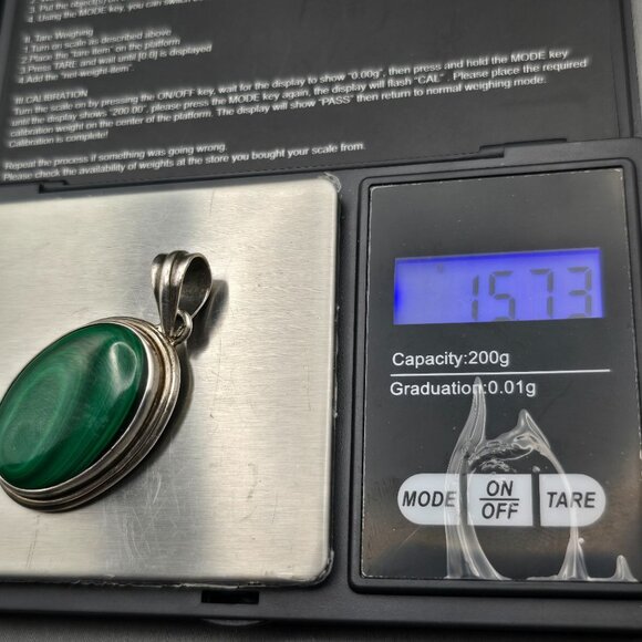 VTG Sterling Silver Malachite Pendant 2" Tiered Bezel Setting Ribbed Bail 15.73g - Picture 7 of 10